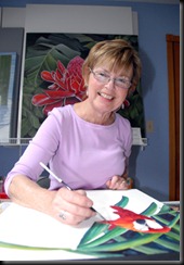 Sandy Delehanty demonstrating watercolor painting on clay board.