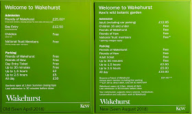 Sign showing various charges at Wakehurst, West Sussex.  April and August 2018.