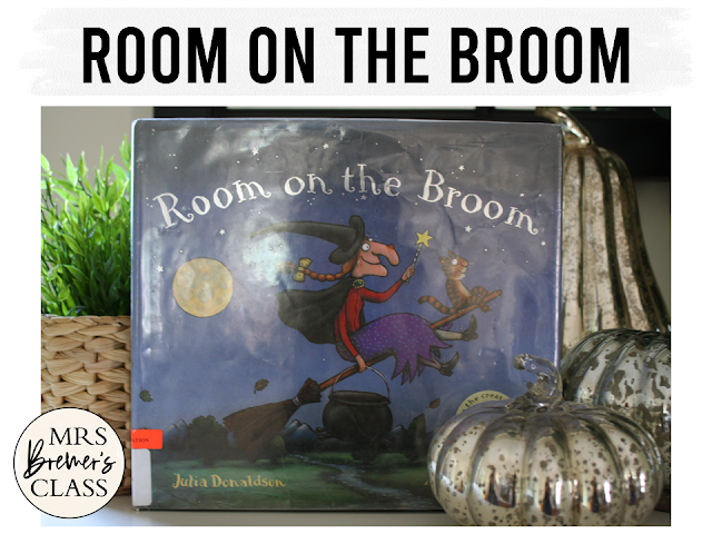 Room on the Broom book activities unit with literacy companion printables, reading comprehension worksheets and a craft for Halloween in Kindergarten and First Grade