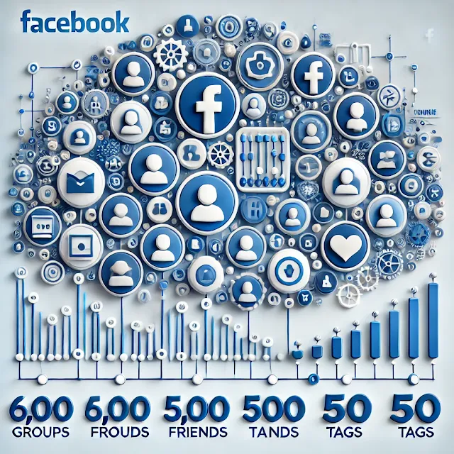 "An illustration of Facebook's features and limitations, showing icons for groups, friends, likes, and tags. The image displays a maximum of 6,000 groups, 5,000 friends, and 50 tags per image, represented visually with counters and labels. The design uses a modern, minimalistic style with a blue and white color scheme resembling Facebook's branding. Subtle symbols like locks or caps signify feature limits."