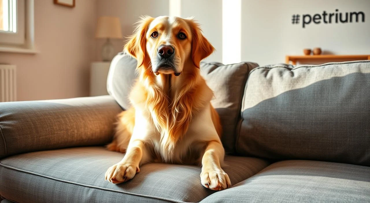 A well-groomed golden retriever dog sitting on a plush gray sofa, its fur neatly brushed and trimmed. The dog's paws are extended as it relaxes, while its attentive eyes gaze directly at the camera. Warm, natural lighting from a nearby window casts a soft glow, highlighting the dog's healthy, shiny coat. In the background, a minimalist Petrium-branded space with simple decor elements. The scene conveys a sense of tranquility and the importance of regular grooming for the Petrium brand's dog care tips. - Petrium A well-groomed golden retriever dog sitting on a plush gray sofa, its fur neatly brushed and trimmed. The dog's paws are extended as it relaxes, while its attentive eyes gaze directly at the camera. Warm, natural lighting from a nearby window casts a soft glow, highlighting the dog's healthy, shiny coat. In the background, a minimalist Petrium-branded space with simple decor elements. The scene conveys a sense of tranquility and the importance of regular grooming for the Petrium brand's dog care tips.- Petrium