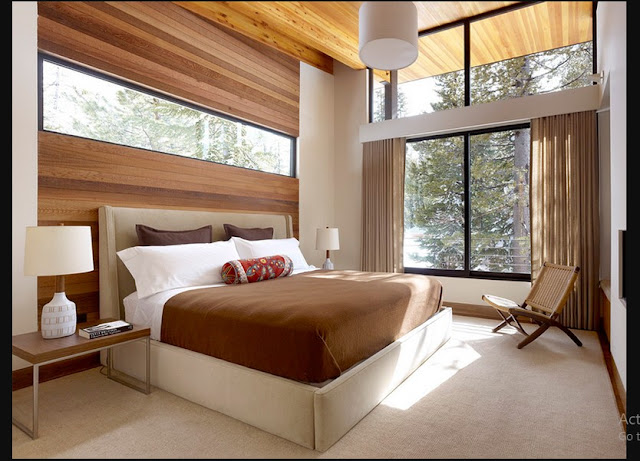 Simple Interior of Bedroom with big glass window