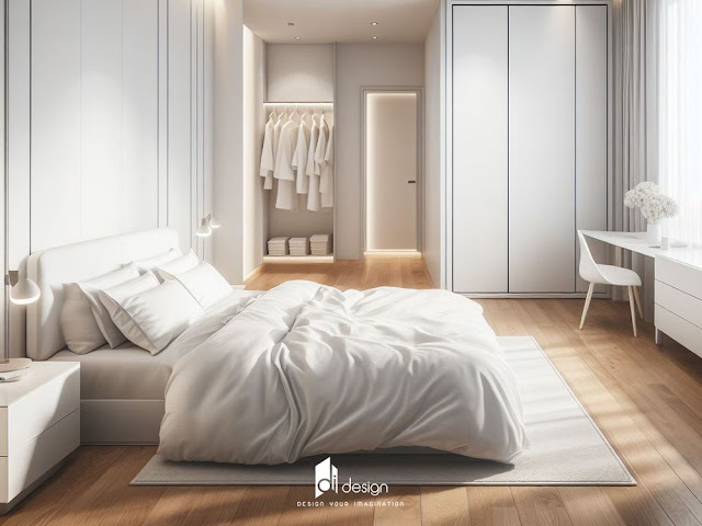 Mẫu phòng ngủ chung cư màu trắng được decor theo phong cách tối giản