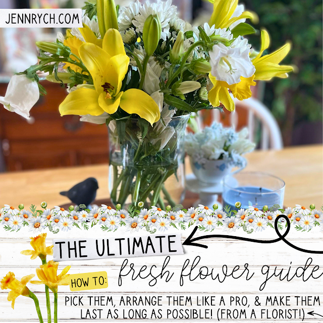 The Ultimate Florist-Backed Guide to Fresh Flower Arrangements! The photo features a yellow and white flower arrangement in a large vase, styled on a kitchen table.