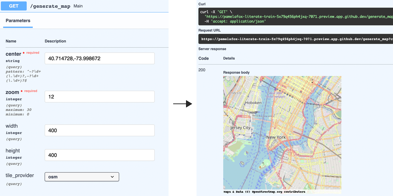 Screenshot with FastAPI documentation parameters on left and image map output on right