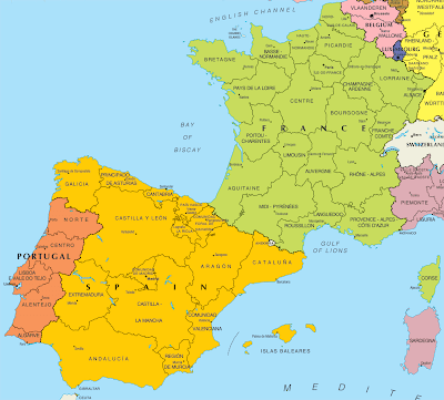 Map of Spain and France and sub-regions