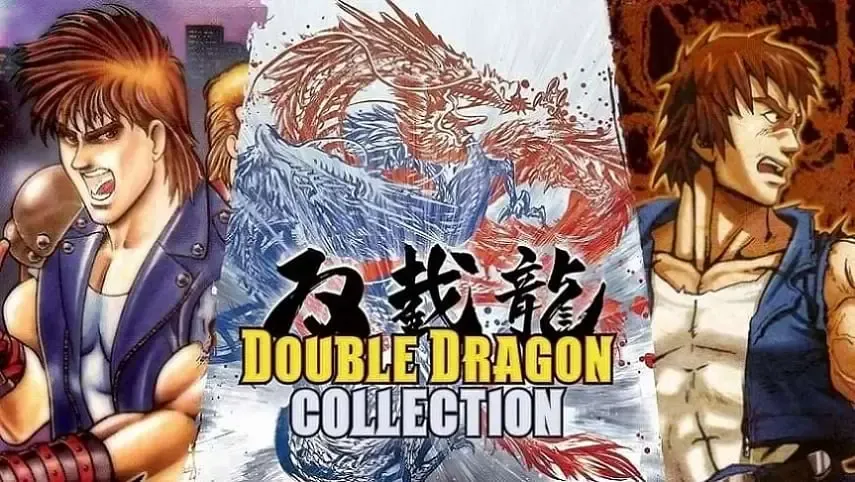 2 guys side by side separated by a red dragon and a blue one