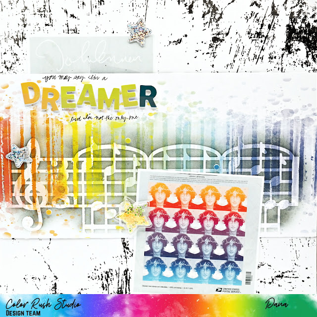 Dreamer John Lennon inspired rainbow and masked music note scrapbook layout with sequin-filled star shaker and foiled fabric star embellishments.