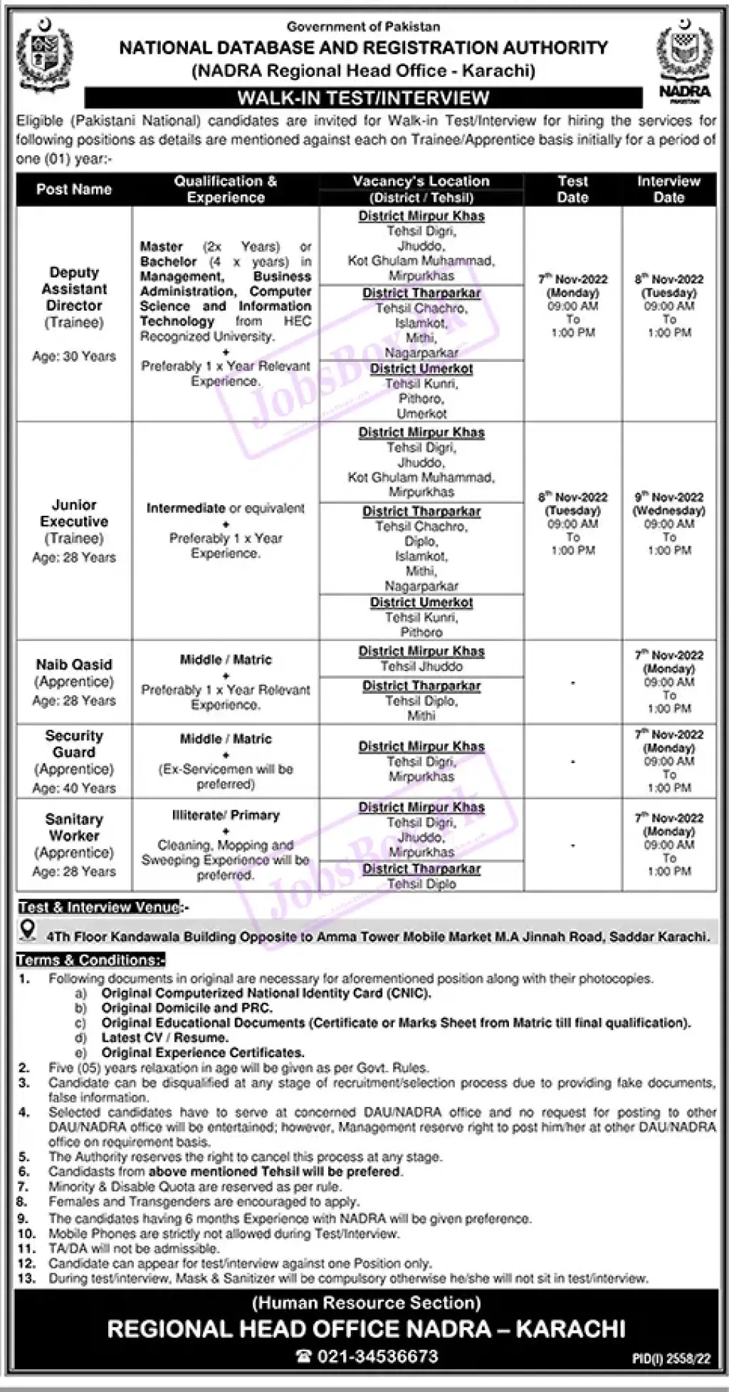 NADRA Sindh Jobs November 2022 Advertisement