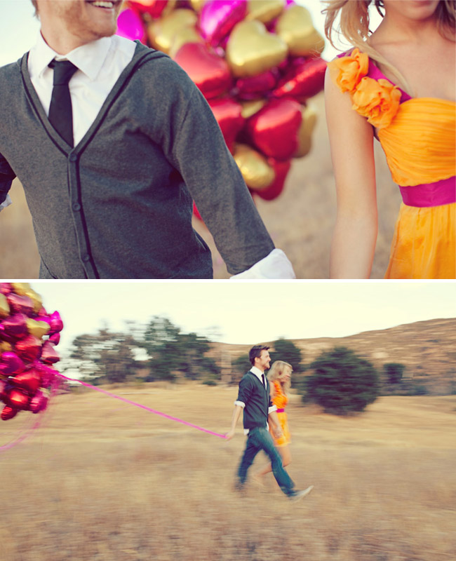 heart balloons in a field engagement photos