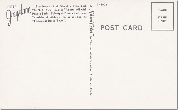 Greystone Hotel in New York - Vintage Postcard