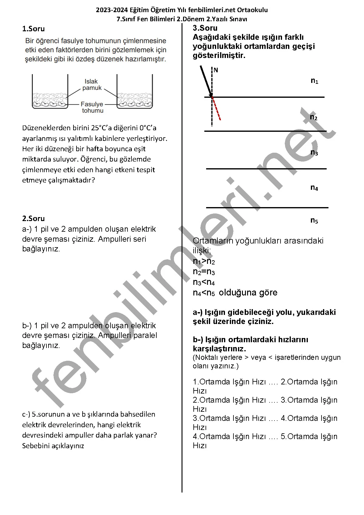 Fen Bilimleri 7.Sınıf 2.Dönem 2.Yazılı Açık Uçlu Yazılı Sınav Örnekleri ve Cevap Anahtarları