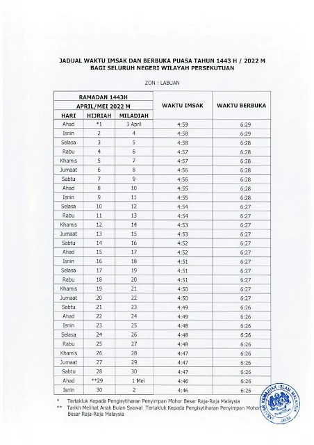 Jadual Imsak Dan Berbuka Puasa Di seluruh Labuan Tahun 2022