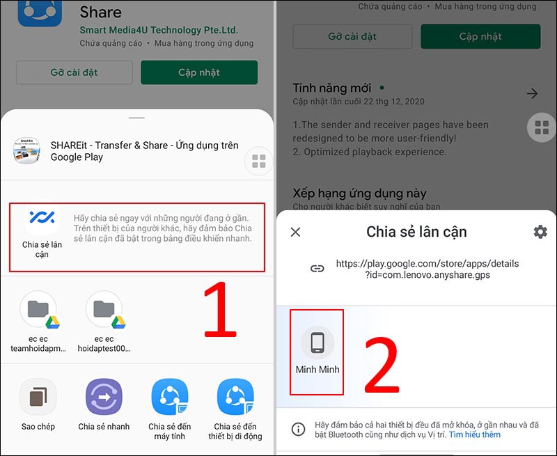 Nhấn vào tên người dùng để chia sẻ