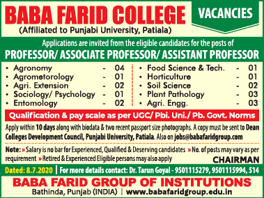 Baba Farid College Entomology/Plant Pathology Faculty Jobs