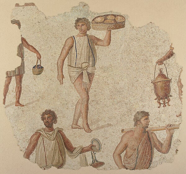 Ψηφιδωτός πίνακας με προετοιμασίες για μια γιορτή, Βόρεια Αφρική, τελευταίο τέταρτο του 2ου αιώνα.