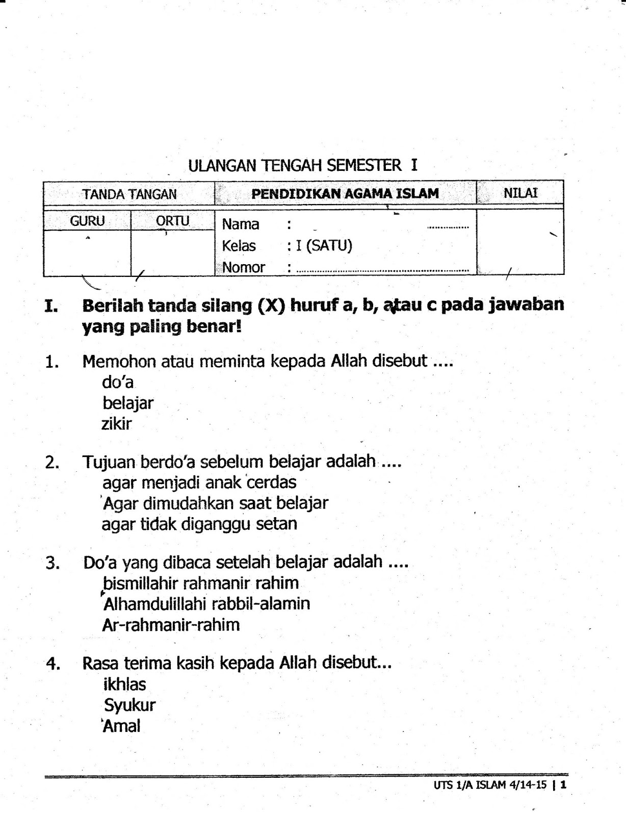 Matapelajaran Agama Islam SD Kelas 1 Semester Ganjil TA 2014 2015 Kurikulum 2013