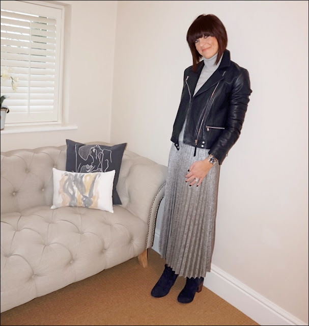 My Midlife Fashion, Massimo Dutti Leather Biker Jacket, marks and spencer pure cashmere polo neck jumper, warehouse metallic plisse midi skirt, boden boho ankle boots