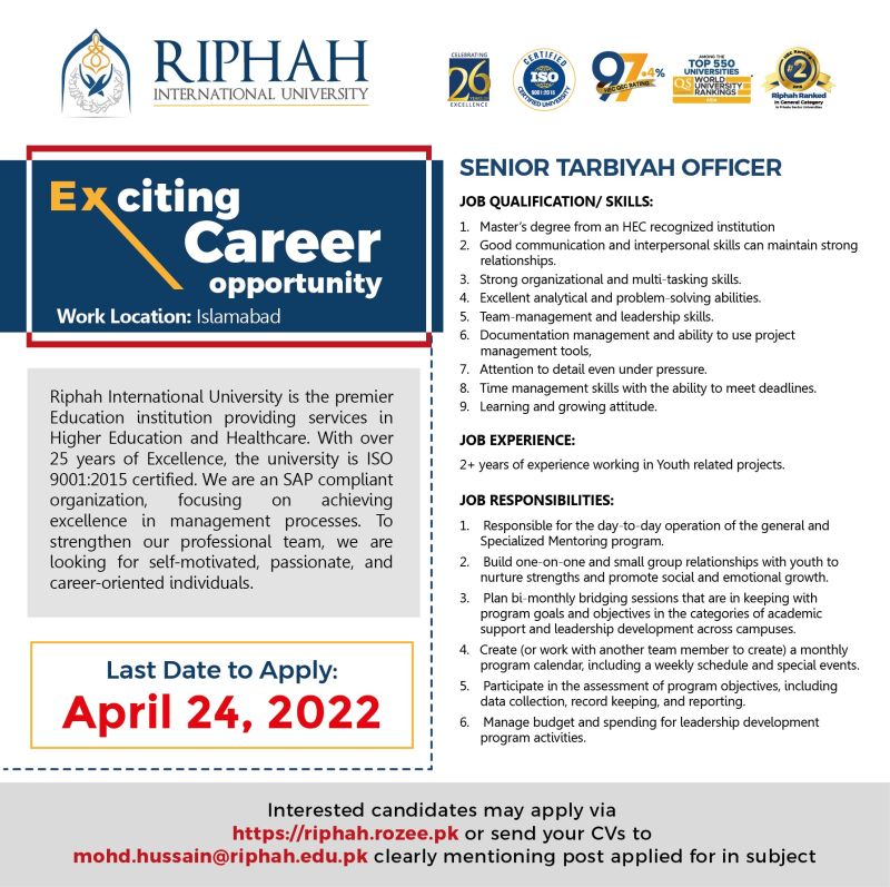 Riphah International University Jobs April 2022