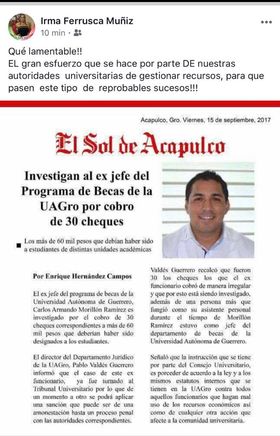 En el 2017, El Sol de Acapulco publicó esta nota sobre 30 cheques cobrados ilegalmente, caso que conoció el Tribunal Universitario