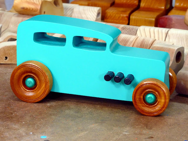 Wood Toy Car, Hot Rod 1932 Sedan, Handmade and Finished with Turquoise, Metalic Green, and Black Acrylic Paint and Amber Shellac