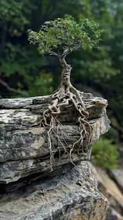 A lone tree with twisted roots clinging to a rugged rock in a serene natural setting.