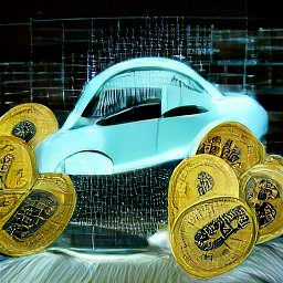 Shows light blue coloured car in like computer style of animation with green background next to  Gold style of crypto coins