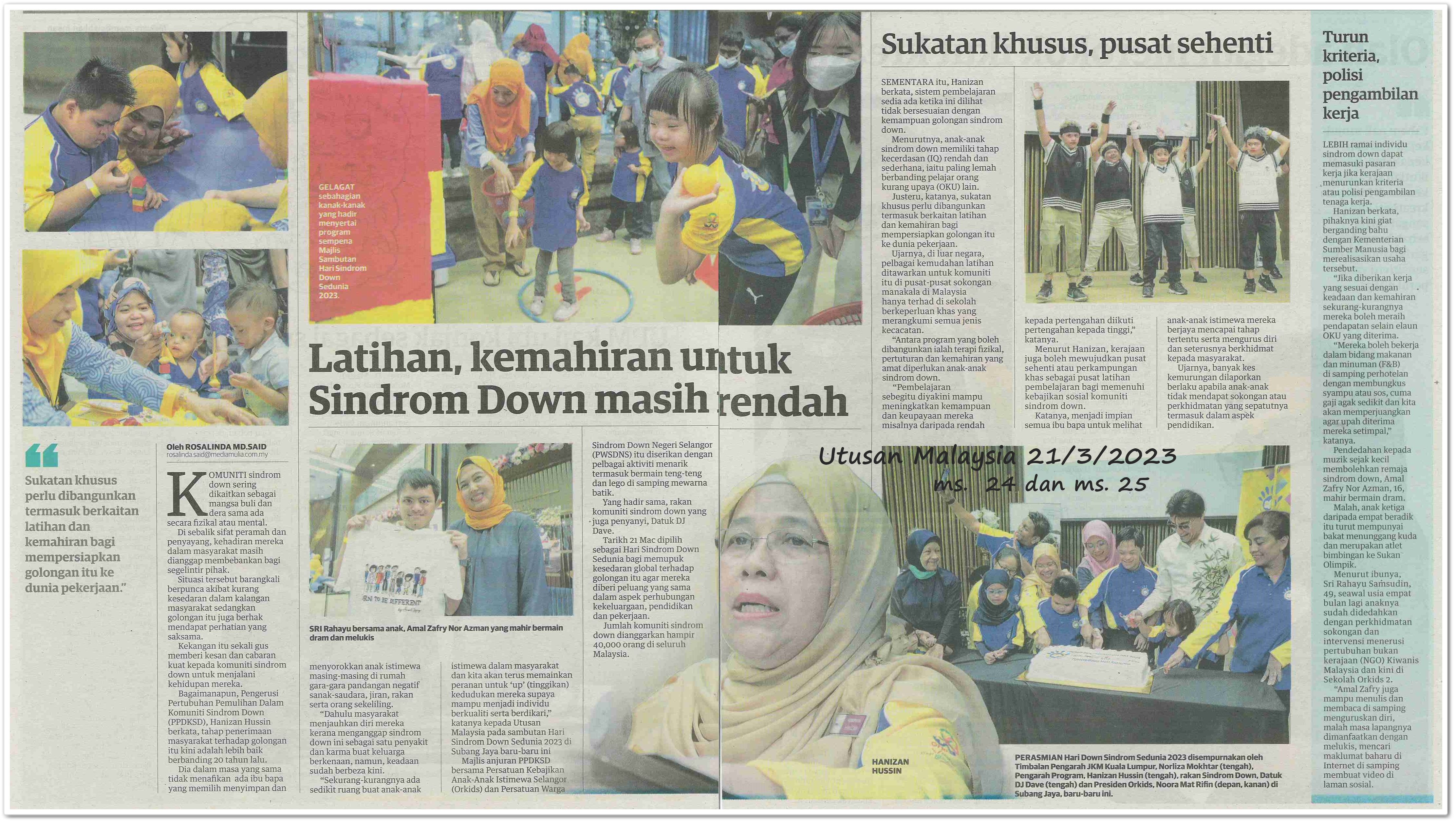 Tiada pendidikan khusus untuk anak-anak Sindrom Down - Keratan akhbar Utusan Malaysia 21 Mac 2023