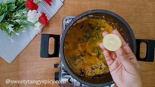 "Adding water to pressure cooker - Adjusting salt and lemon juice"