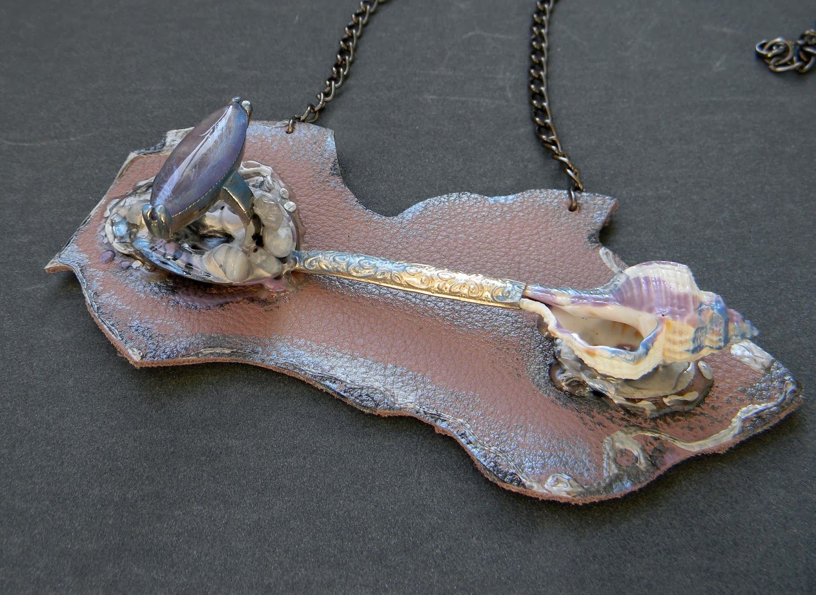 Leather Pendant with Hand Painted Tea Spoon and Ring Decor, Abstract Weird Necklace