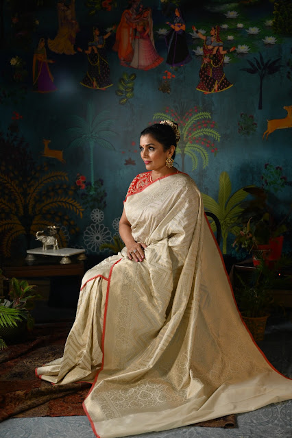 White Ektara silk Banarasi saree