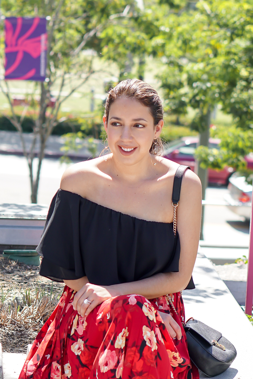 H&M Red Floral Midi Skirt, Red Floral Midi Skirt, Red H&M Skirt, Black Gucci Marmont Sandals, Black Gucci Suede GG Logo Sandals, Black Suede Marmont Sandals, Gucci Marmont 75mm black Suede Sandals, Downtown Los Angeles Photography, City Hall Photography