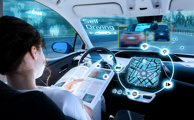 Driver using AI-powered in-car assistant for navigation and entertainment.