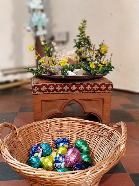 Easter garden and eggs in Anglican church