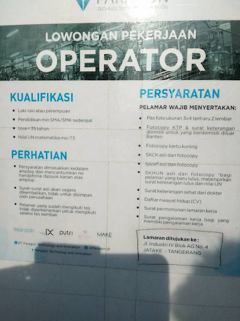 Lowongan Kerja Hari ini PT Paragon  29 Maret 2017 dibutuhkan Operator lulusan SMK / SMU kawasan Jatake Tangerang