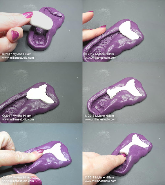 Step-by-step process of pressing the gumpaste into the silicone mermaid's tail mould.