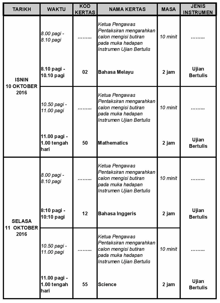 Jadual Waktu Peperiksaan PT3 Tahun 2017