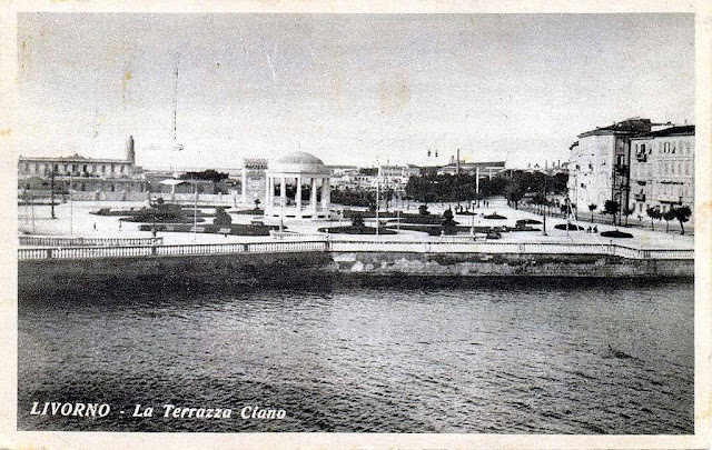 Old postcard, gazebo, Terrazza Mascagni, Livorno