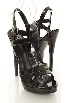 Black Patent Faux Leather Strappy Open Toe Heels 