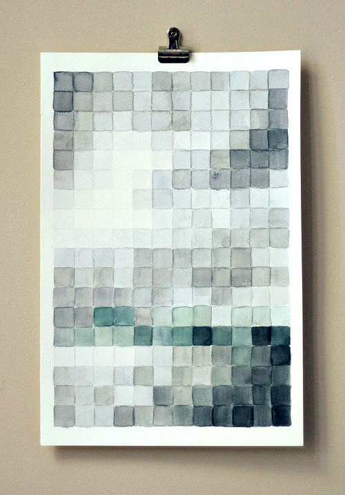 Subdued-color pixelated watercolor art clipped to wall