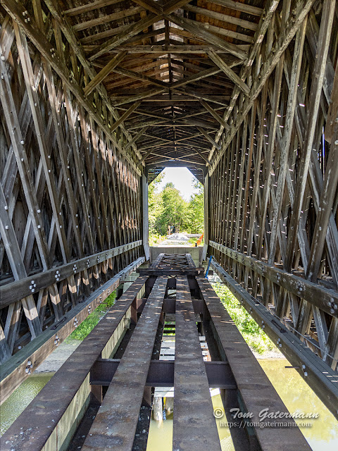 The inside of the double-web Town lattice bridge. The steel girders allowed for heavier trains to use the bridge.