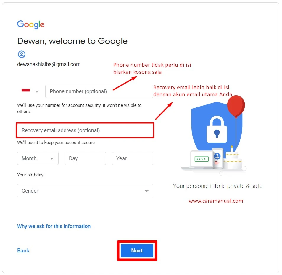 Mengisi Informasi Akun Gmail