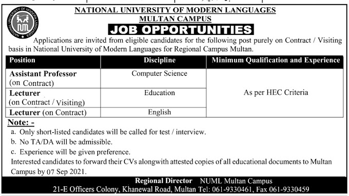 NUML Multan Jobs 2021 – National University of Modern Languages