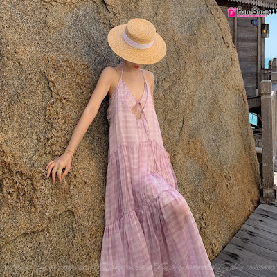 Váy maxi đi biển hồng VMXH650