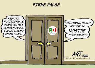 firme, elezioni, firme copiate, firme false, pd, m5s, satira, vignetta