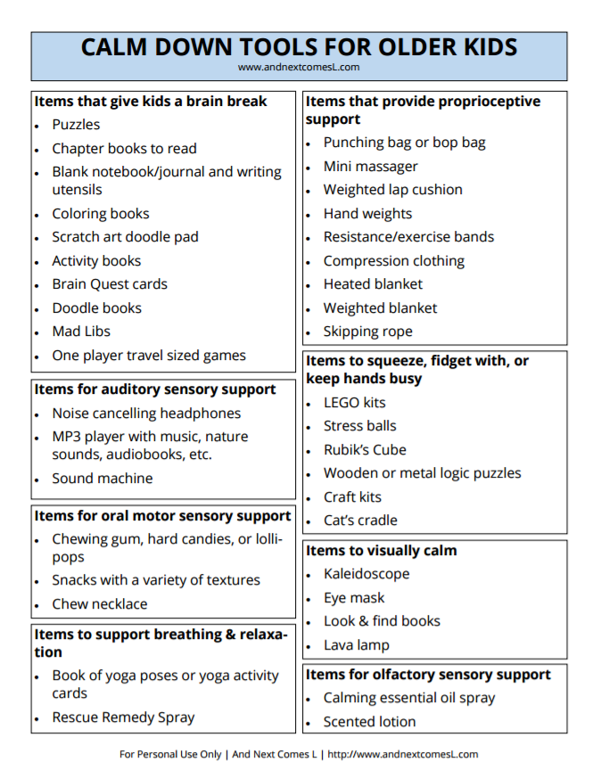 Free printable list of calm down tools for older kids from And Next Comes L