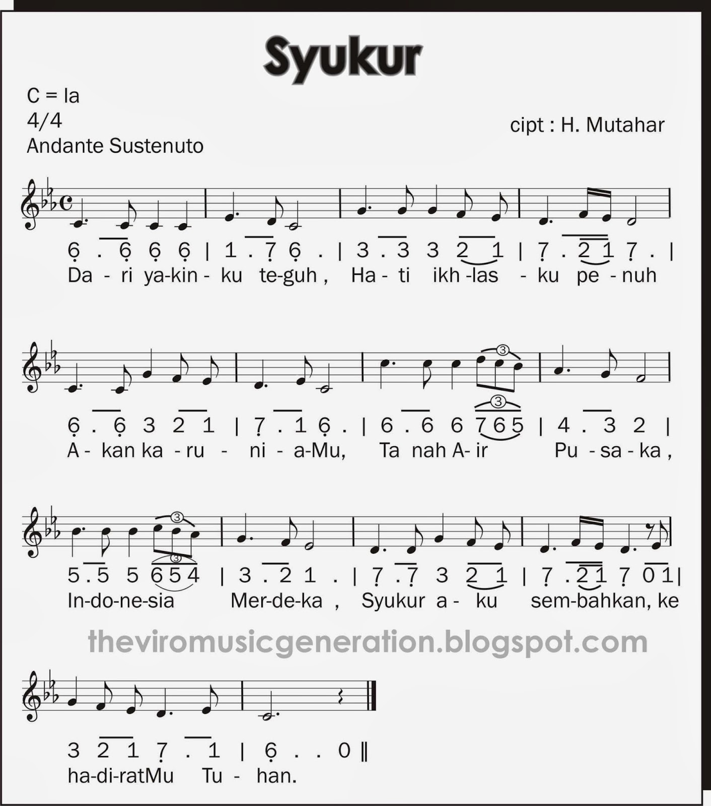 The Viro Notasi angka dan notasi balok lagu wajib Syukur 