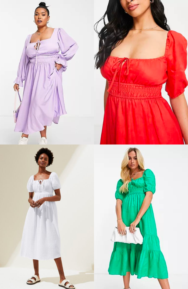A collage of shirred tops and dresses in plain colours