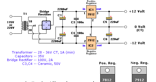IC 7812 7912 Dual Regulator Power  Supply  Circuit  Gambar 