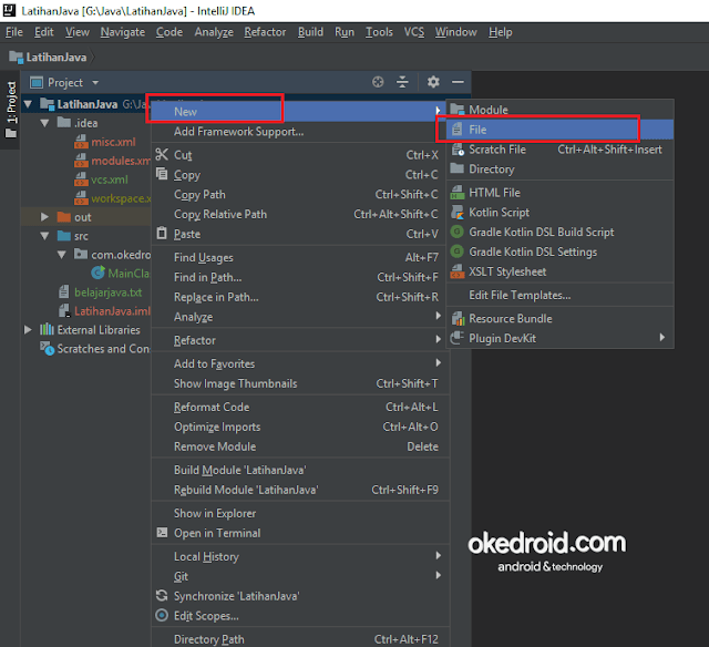 Nama Project > New > File membuat create file baru new txt di intellij idea program java